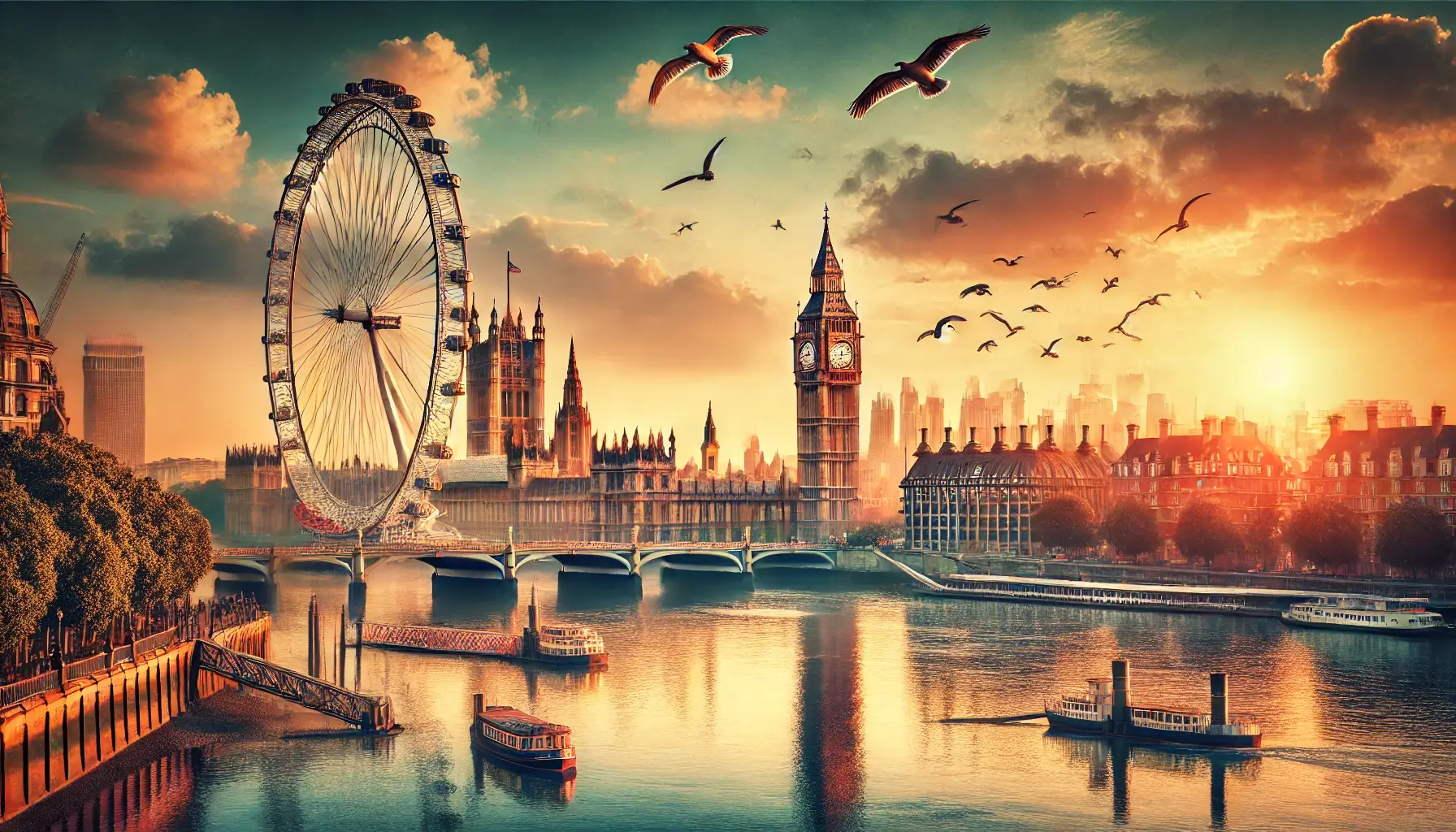 London’s landmarks glowing in a warm sunset over the Thames.