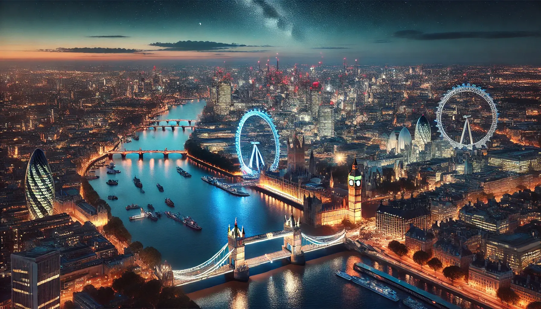 City lights illuminate Big Ben, Tower Bridge, and The Shard.