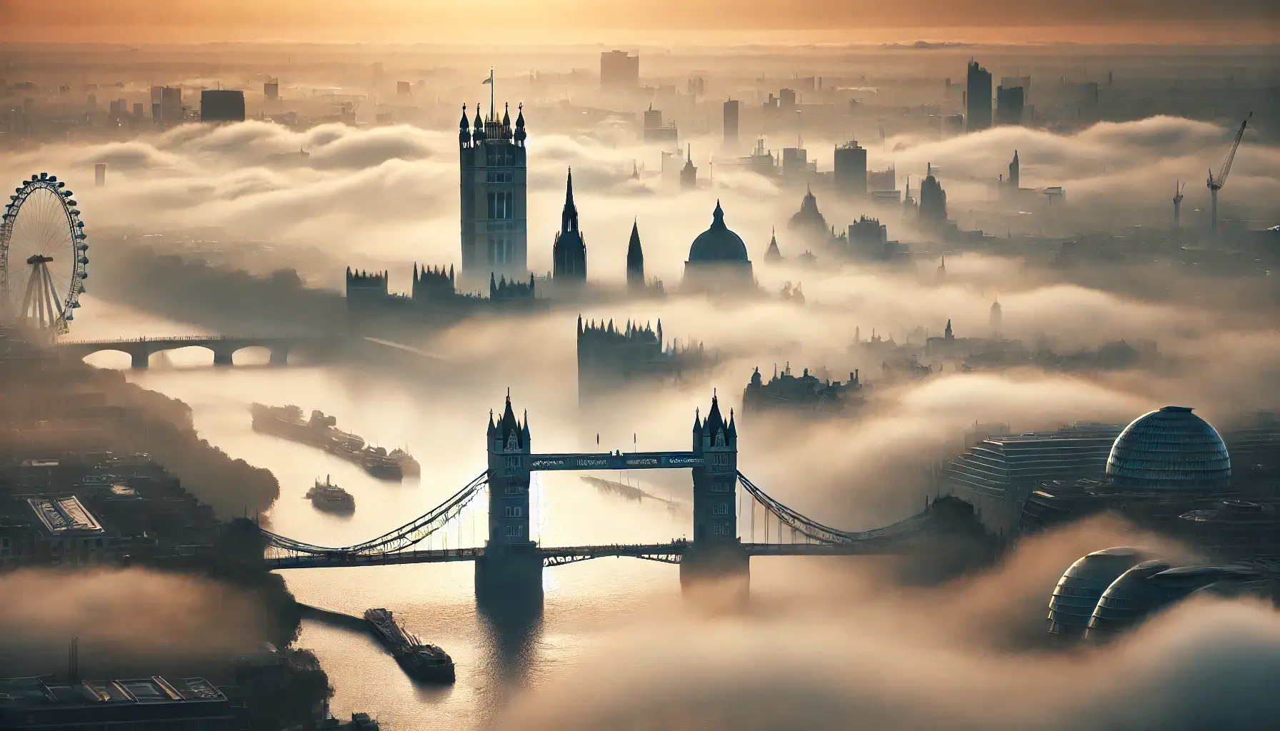 Foggy London with Tower Bridge emerging at sunrise.