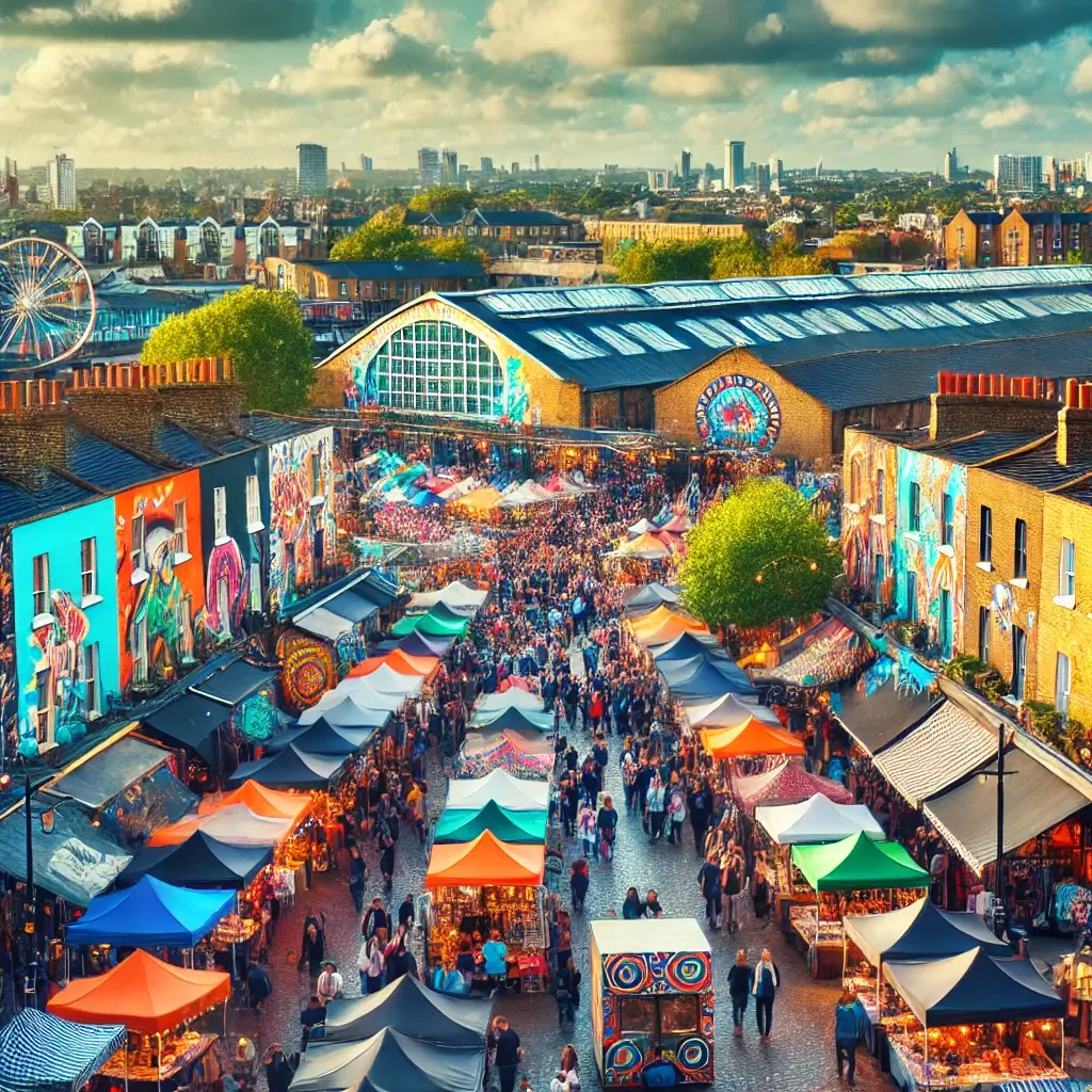 Vibrant Camden Market with street art, shops, and a lively crowd.