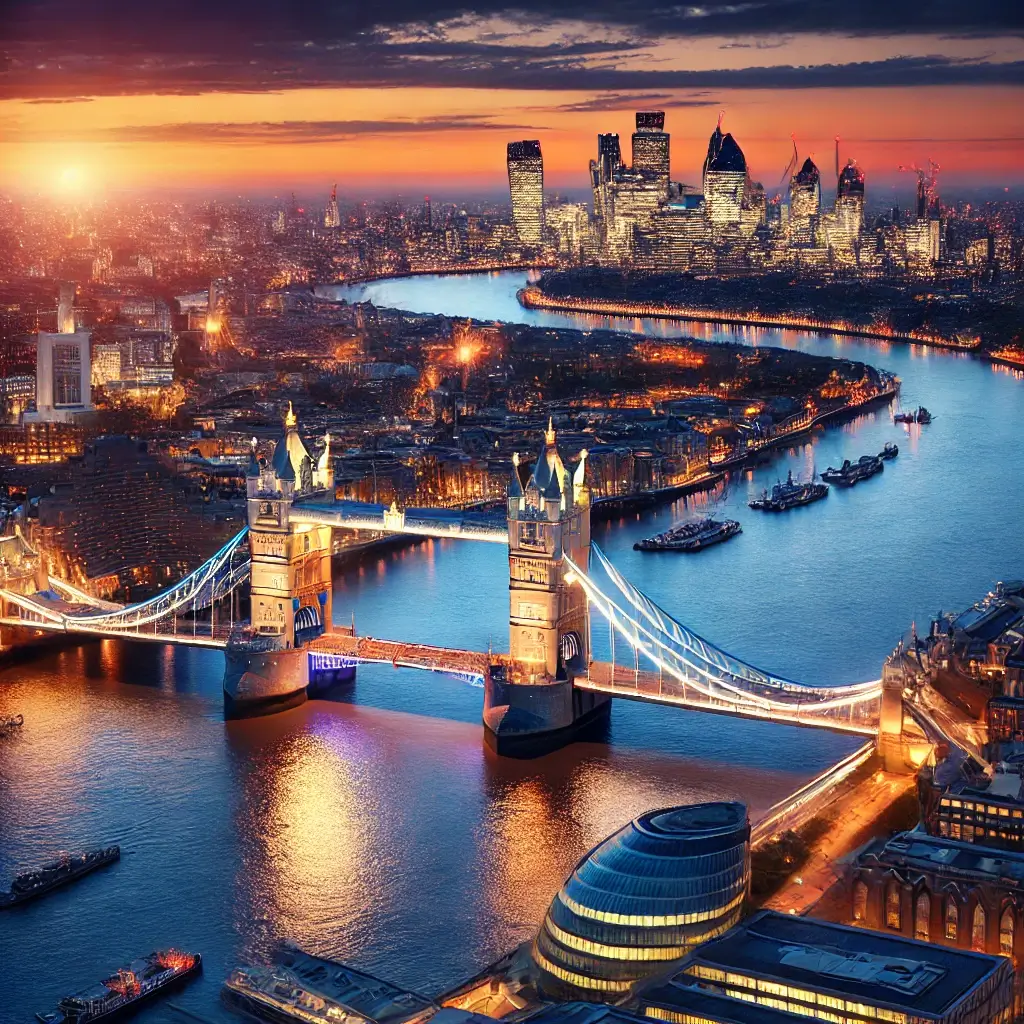 Tower Bridge at dusk with city lights.