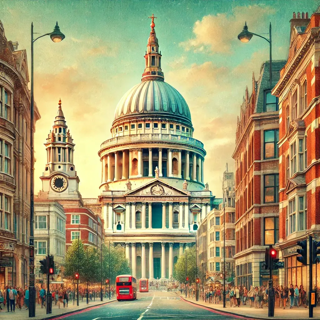 St. Paul’s Cathedral with a lively street scene.