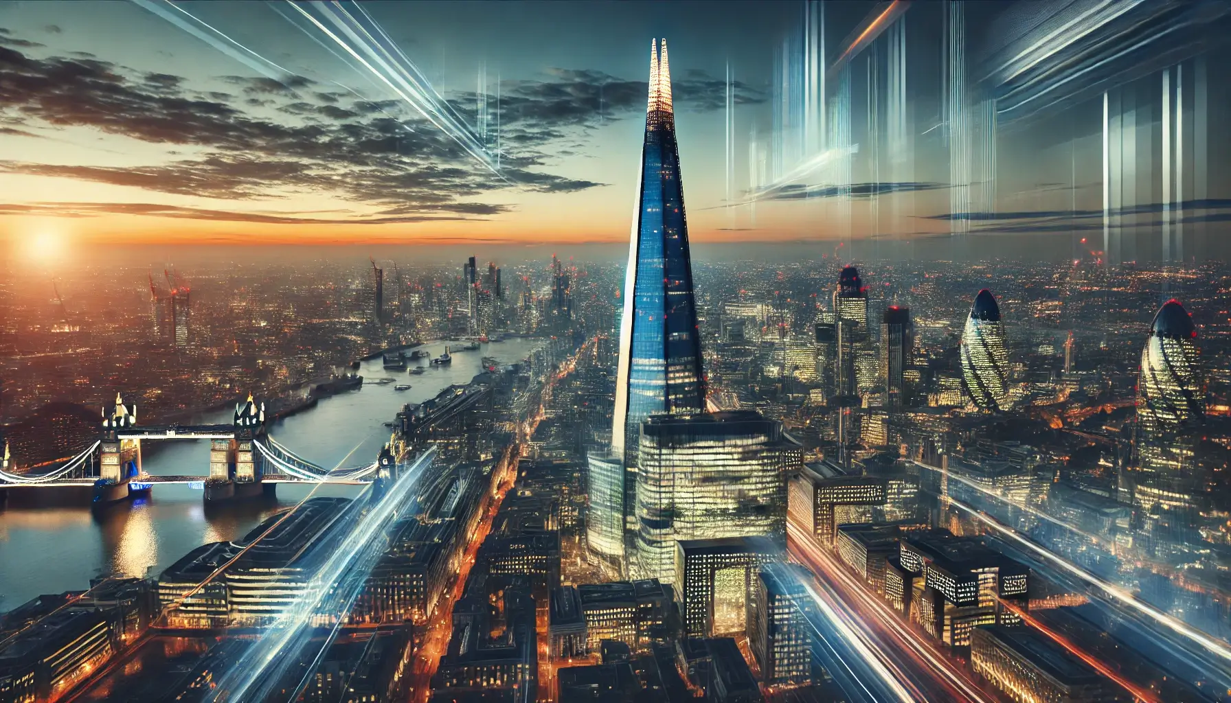 The Shard towering over the city at twilight.