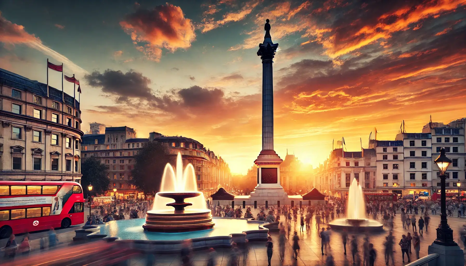 Trafalgar Square at sunset with a vibrant atmosphere.