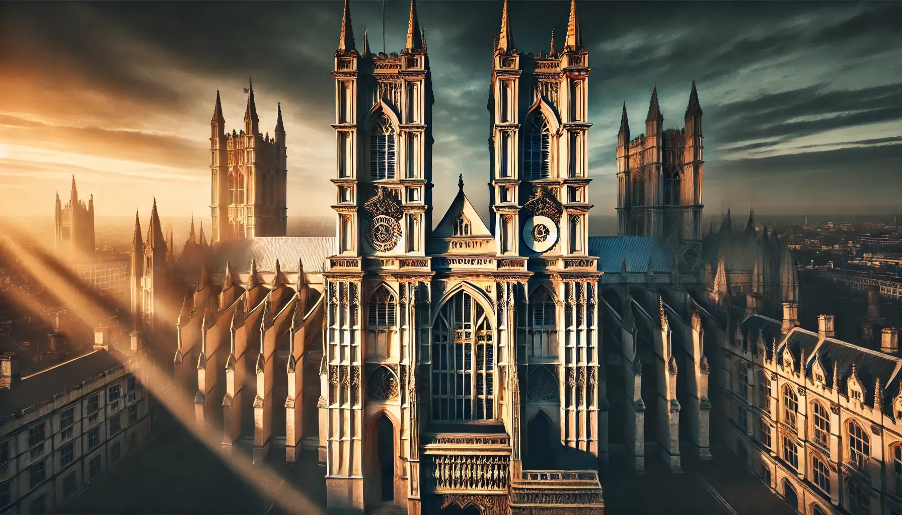 Westminster Abbey at sunrise with dramatic lighting.