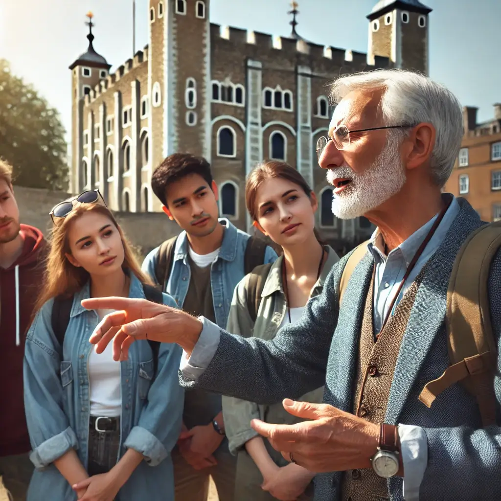 A knowledgeable London tour guide passionately explaining historical details to an engaged group in front of a famous landmark.