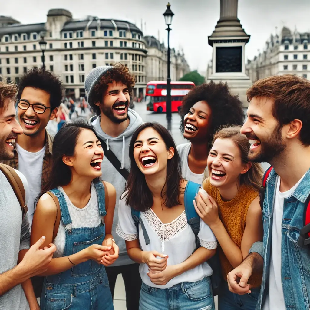 A diverse group of tourists laughing and bonding in front of an iconic London scene, like Big Ben or Trafalgar Square.
