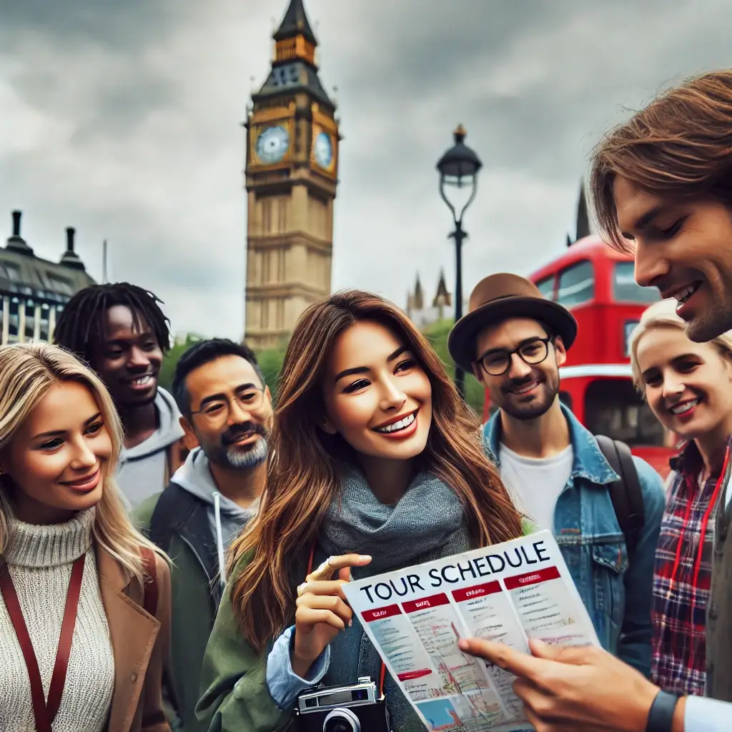 A well-organized group tour moving smoothly through London, following a clear schedule held by the guide.