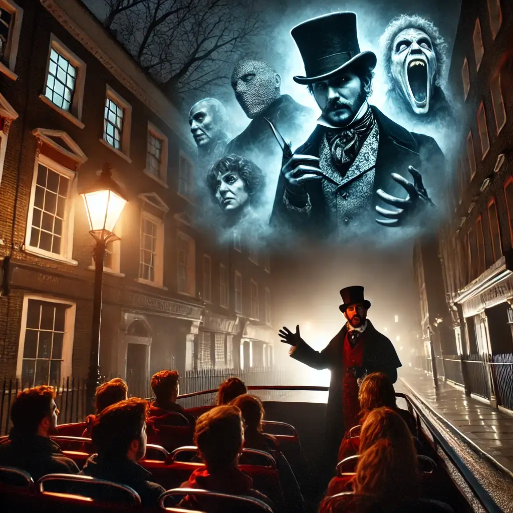 A dark open-top bus tour passing misty London streets, featuring ghostly figures like Jack the Ripper. A guide in Victorian attire tells eerie stories.