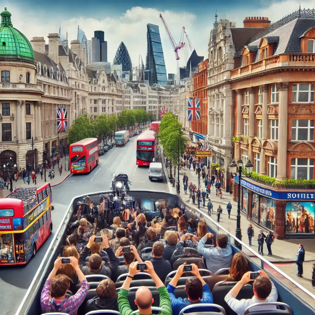 An open-top bus passes famous filming locations in London. Tourists take photos as a guide shares behind-the-scenes stories.