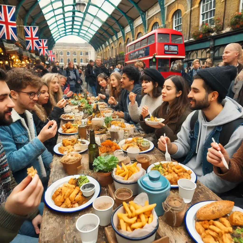 A guided food tour stops at markets and cafés. A diverse group samples British and international dishes in a lively setting.