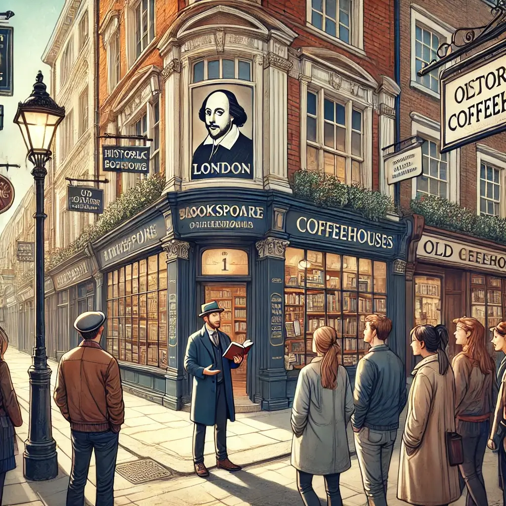A book-themed walking tour passes historic bookstores and cafés. A guide shares stories of famous London writers.