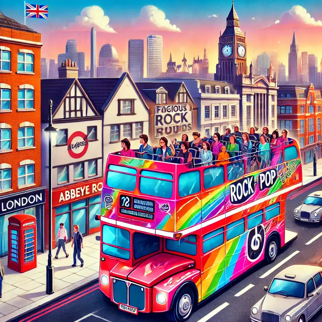 A colorful open-top bus decorated with musical symbols, passing famous music locations in London. Passengers enjoy live music and a lively atmosphere.