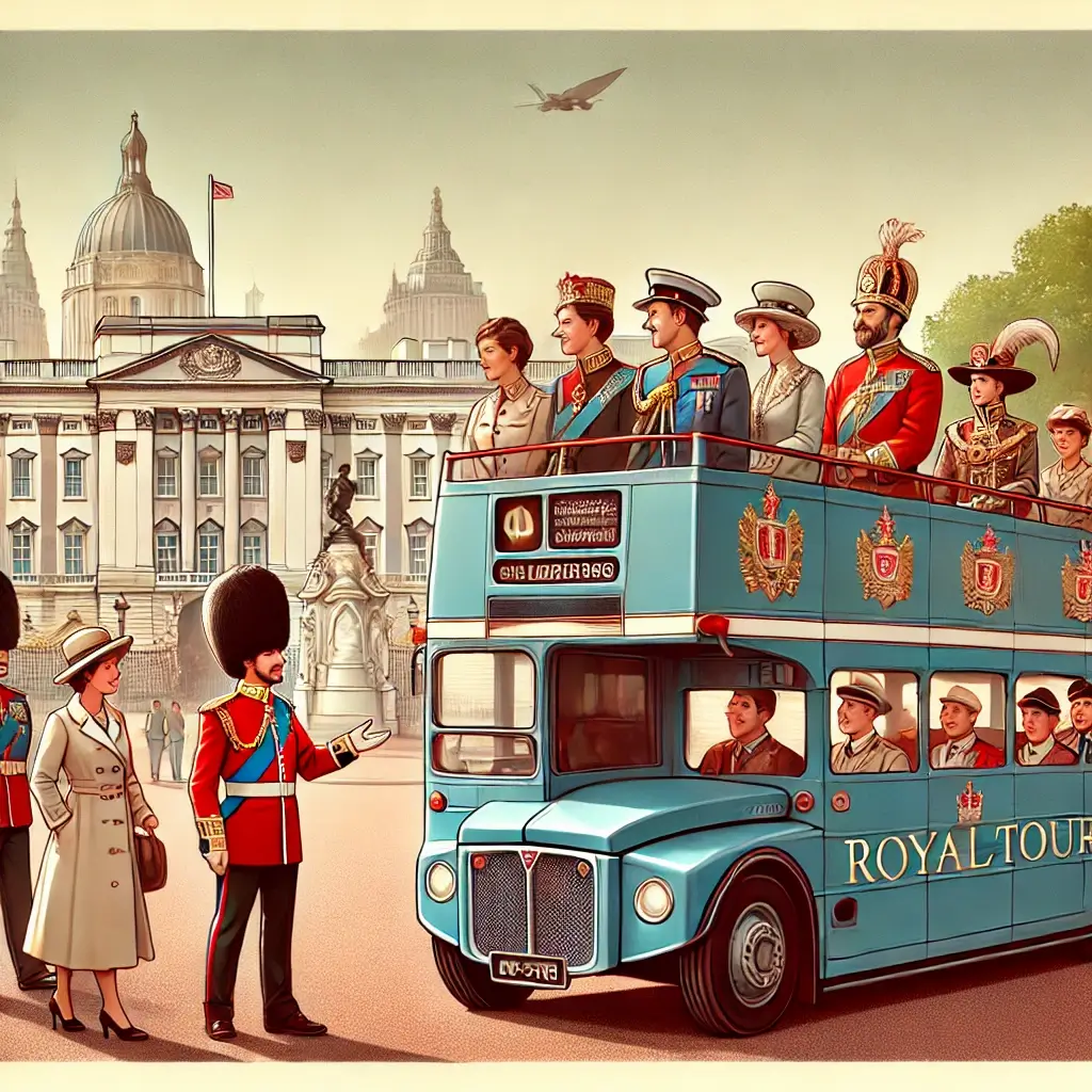 A regal open-top bus passes Buckingham Palace. Tourists admire royal landmarks as a guide shares stories of monarchs and traditions.