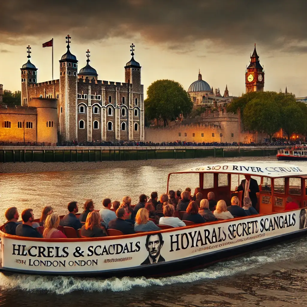 A scenic river cruise on the Thames at sunset, passing landmarks like the Tower of London. A guide shares tales of royal betrayals.