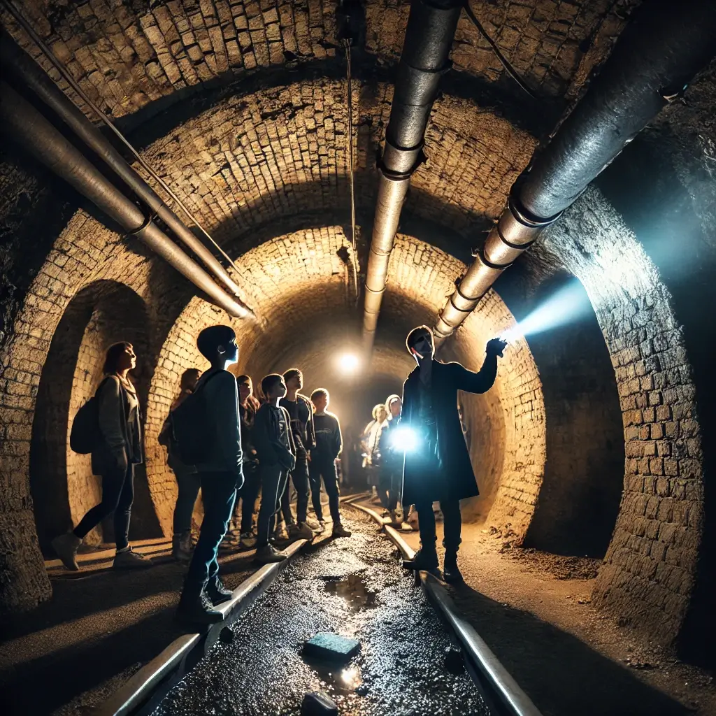 A small group explores dimly lit underground tunnels in London, following a guide with a flashlight through historic passageways.